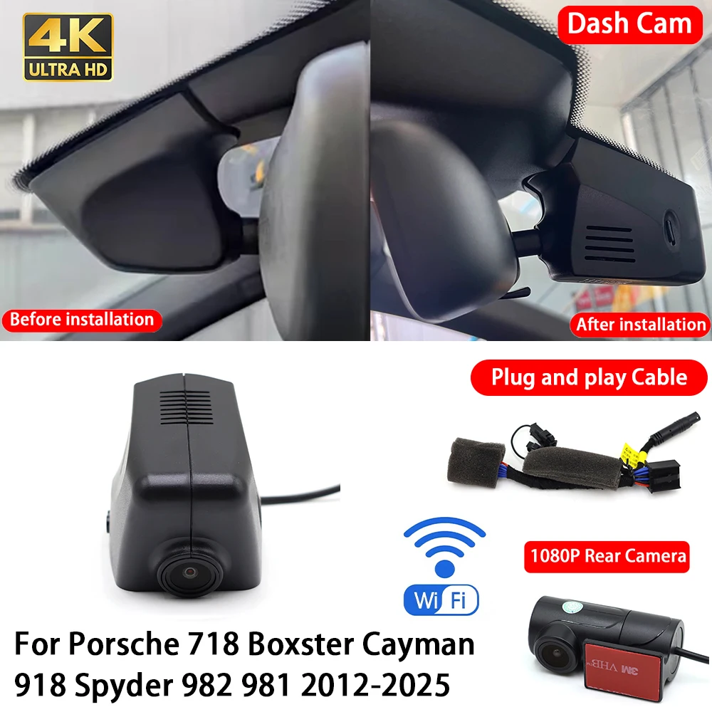 for Porsche 718 Boxster Cayman 918 Spyder 982 981 2012-2025 4K Dash Cam Front Rear Car Camera Wifi Plug & Play Video Recorder