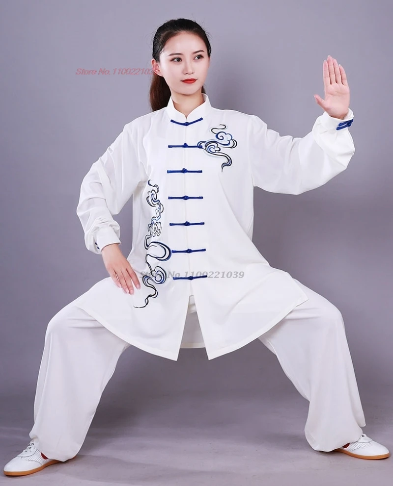 2024 chinese tai chi uniform clouds embroidery wushu taiji morning exercise team tai chi kung fu martial stage performance set