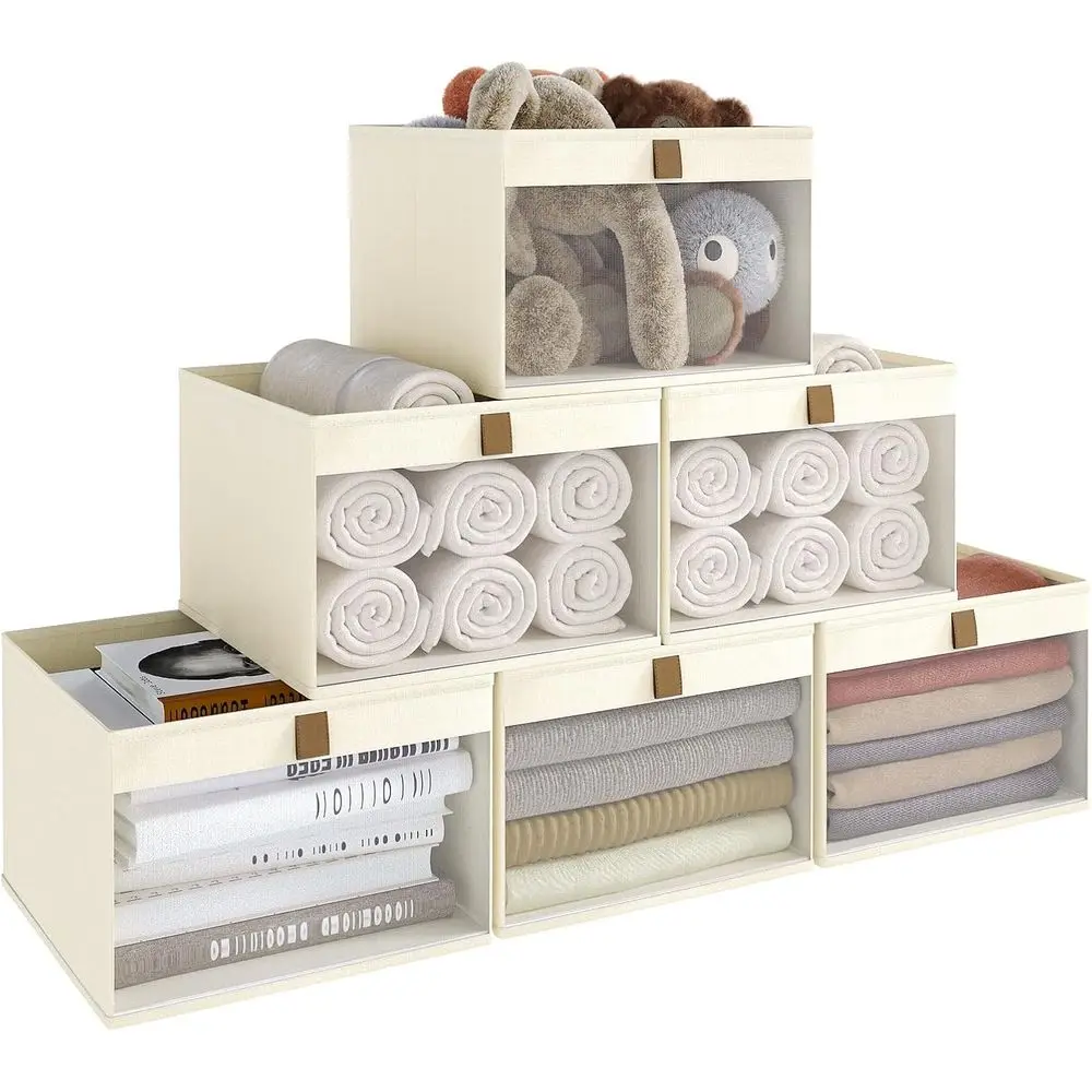 

6-Pack Beige Foldable Mesh Window Storage Bins for Closets, 12.75 x 12.75 x 9, Ideal for Clothes, Towels, and Toys