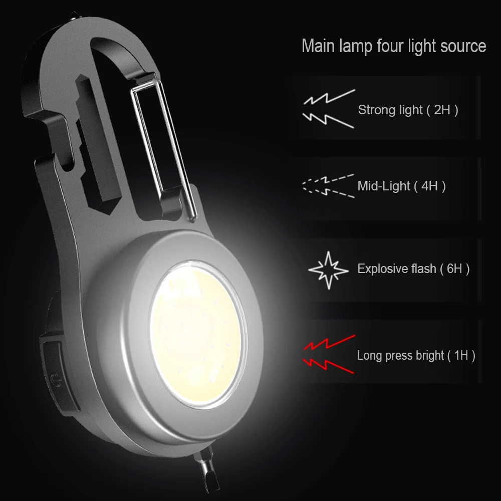 Mini Keychain Flashlight Rechargeable Work Light Portable Travel Torch Key Light with Screwdriver Wrench Bottle Opener Lantern