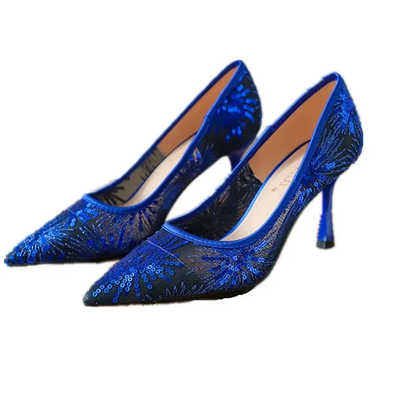 

Дышащие туфли на высоком каблуке 7,5 см с кружевной сеткой 34–41, женские синие туфли-лодочки на шпильке с острым носком и блестками, вечерние свадебные туфли