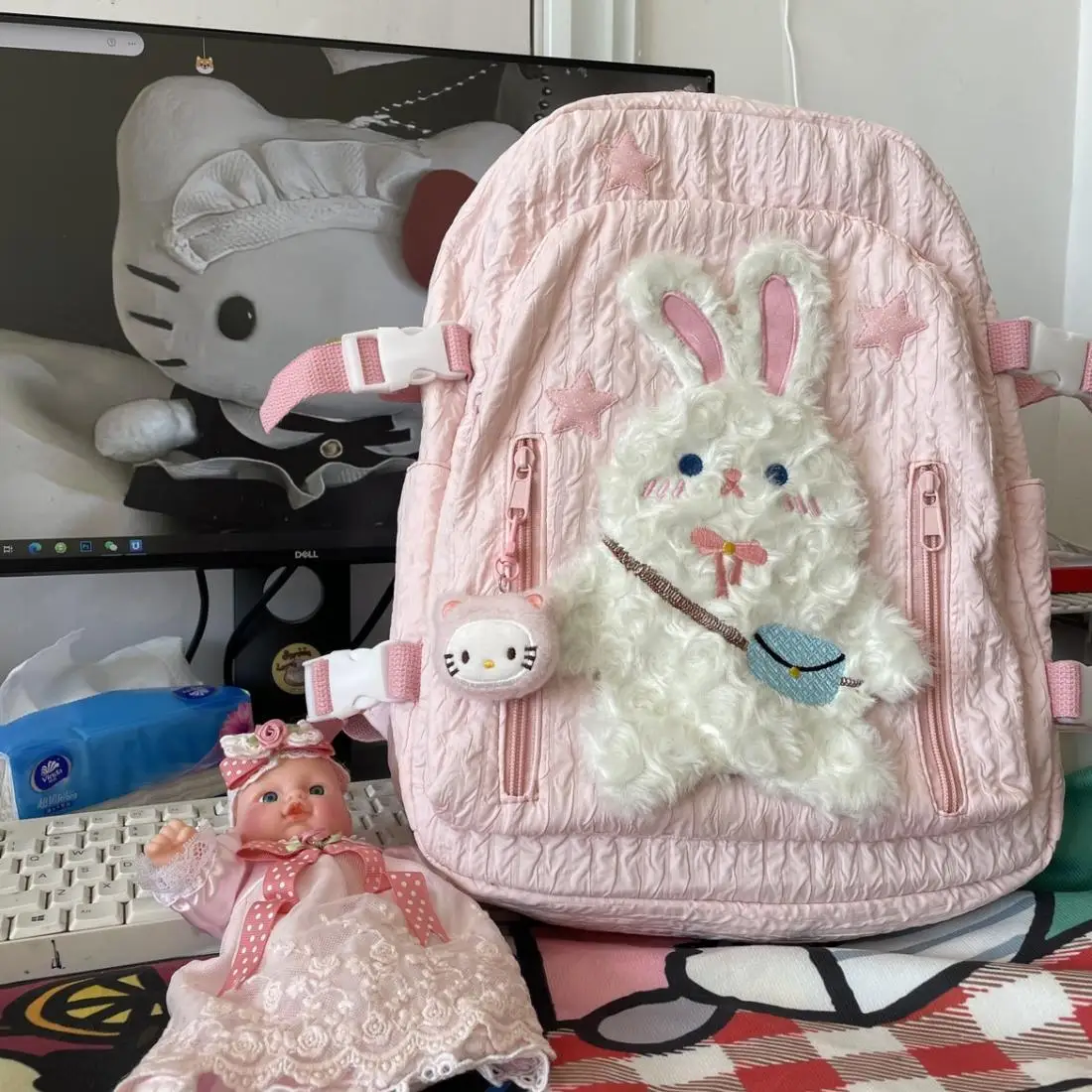 

Japanese Sweet Cute Pink Rabbit Backpack Women Large Capacity Wrinkle Student Daypack Ladies Cartoon Star Y2k Mochilas Mujer New