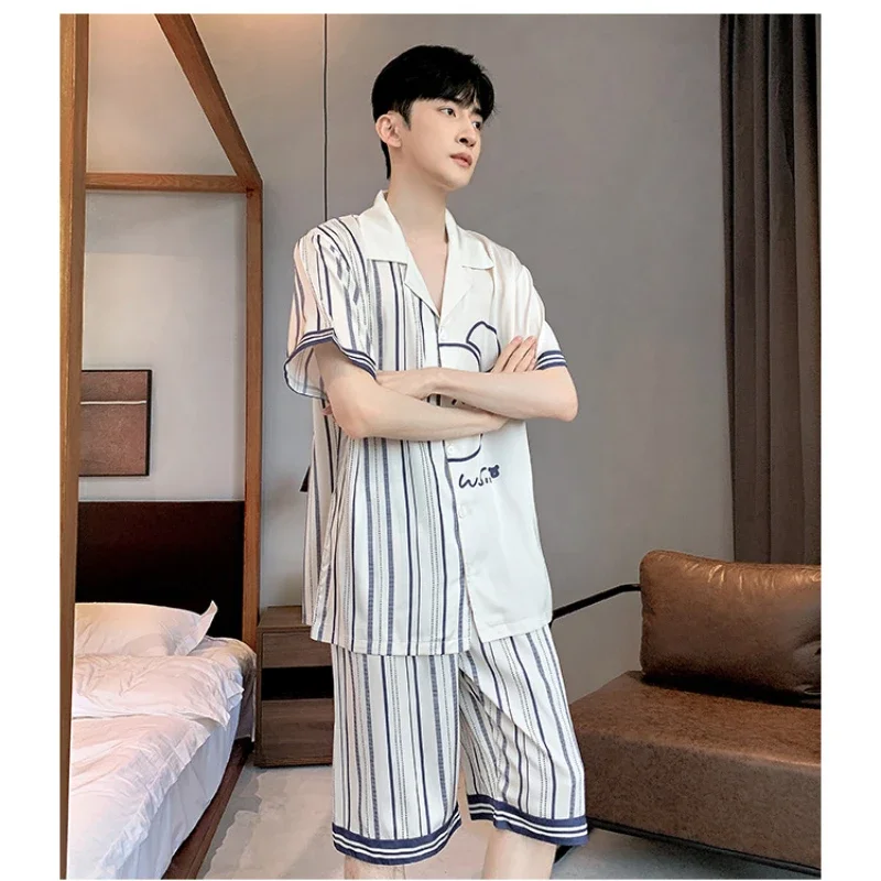 Plus Size Men's Satin Pajama Sets For Summer Button Cardigan Short Sleeve Shirt With Shorts Silky Home Clothes Loose Loungewear