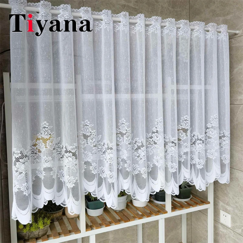 

Rod Pocket White Lace Mesh Short Sheer Tulle Curtains For Kitchen Closet Bedroom Balcony Cafes Tie Window Valance Voile Drapes