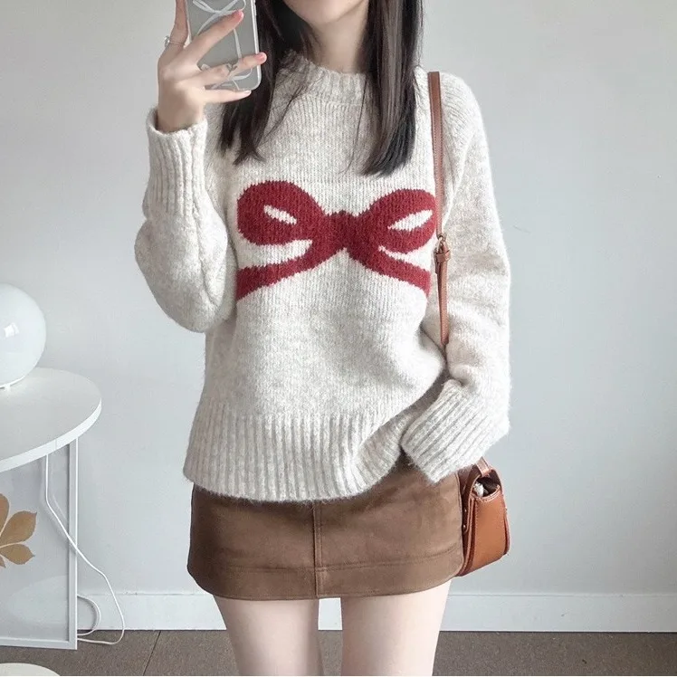 

Thiened Sweater Women's Chic Sweet Bow Knot Overhead Soft Cozy Knitted irt Inner Wear Base Layer Autumn Winter Top