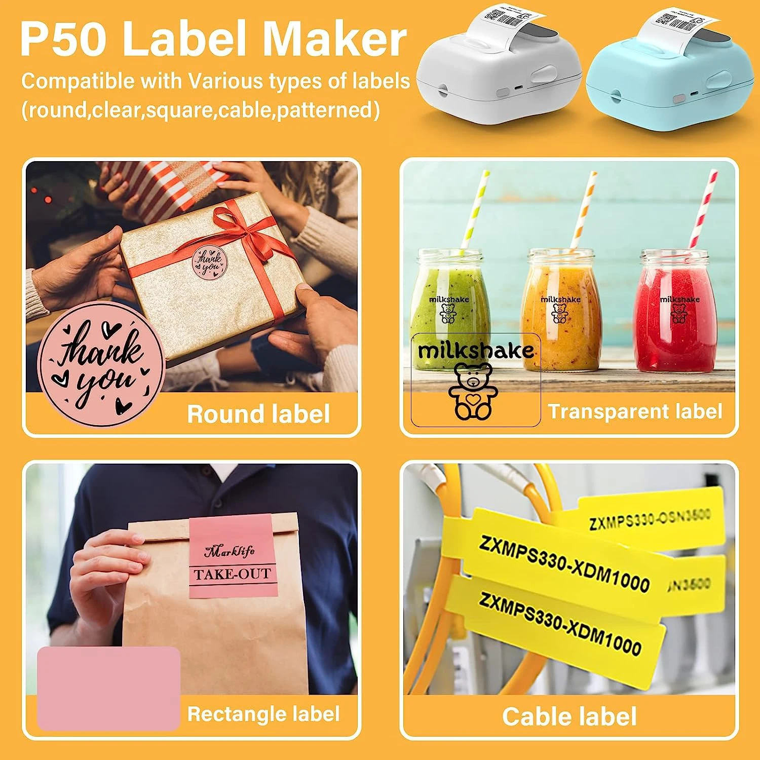 طابعة ملصقات حرارية صغيرة Marklife P50 مماثلة لصانعة الملصقات B1 B21 ماكينة لصق الملصقات البيضاء أو ورق ملصقات 1PK بدون حبر