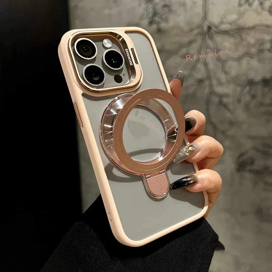 Ring Magnetic Shockproof Bracket Phone Case for iPhone 13 11 12 14 15 16 pro Max 15 plus Magsafe Clear Glass Lens Protect Cover