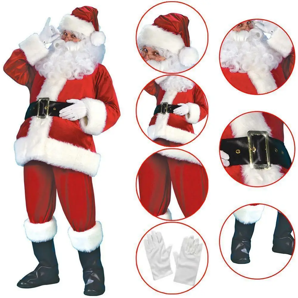 Fancy Dress Party Santa Claus Costume 7PCS Christmas Complete Dress-Up Outfit For Adult Cosplay Santa Suit With Hat Beard Golves