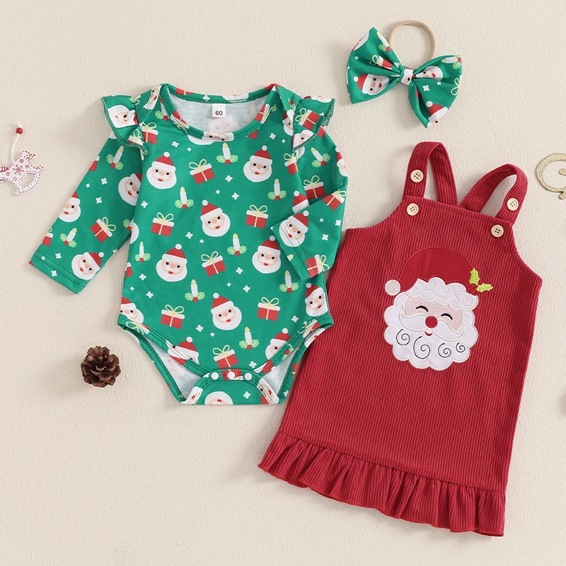 Baby Girl Christmas Outfits Santa/Gingerbread Man Print Long Sleeve Romper Overalls Dress Headband 3Pcs Clothes Set