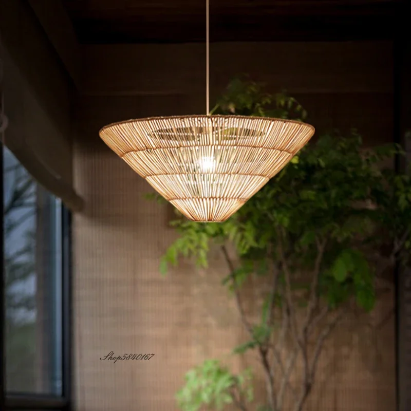 Janpanese Lamp Nordic Umbrella Rattan Pendant Light Wabi Sabi Pendant Lamp for Living Room Restaurant Handmade Rattan Chandelier