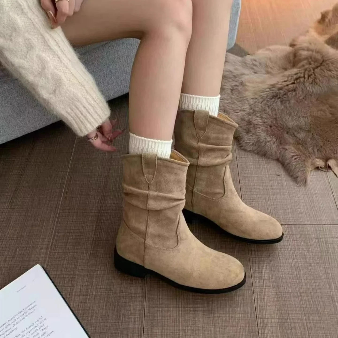 Short Boots Women's New High Quality Genuine Leather Tabi Boots Wrinkled Split Toe Boots Commuter Calf Boots