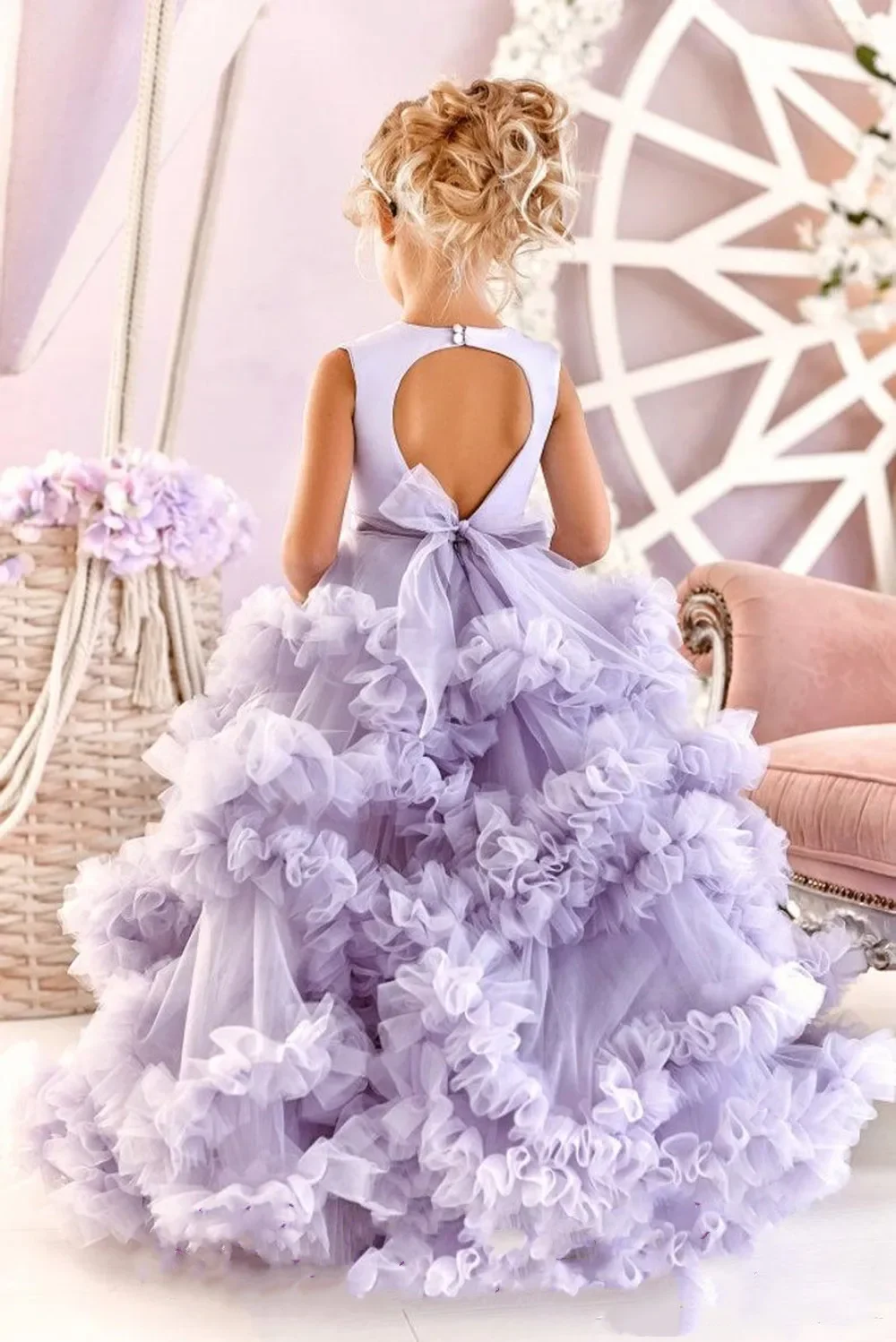 Flower Girl Dresses For Lavender Wedding Sleeveless Children's Gifts  Ruffles Backless First Communion Birthday Prom Party Dress