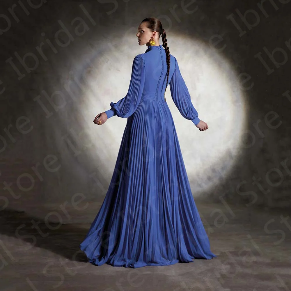 Vestido azul bohemio encantador para madre de la novia, vestidos de gasa de manga larga, cuello alto, vestidos de fiesta de boda, parte inferior plisada