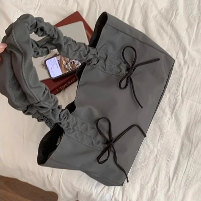 Xiuya Pink Pleated Womens Tote Bag Nylon Sweet Elegant Gentle Literary Casual Shoulder Bag Aesthetic New Korean Fashion Handbag