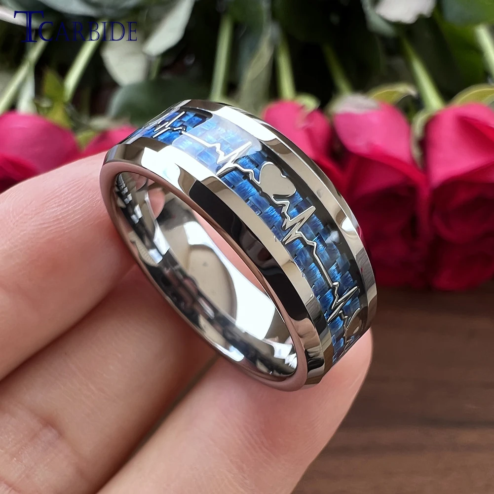 8MM Multicolors Tungsten Carbide Ring for Men Women Trendy Engagement Wedding Band Heartbeat Carbon Fiber Inlay Comfort Fit