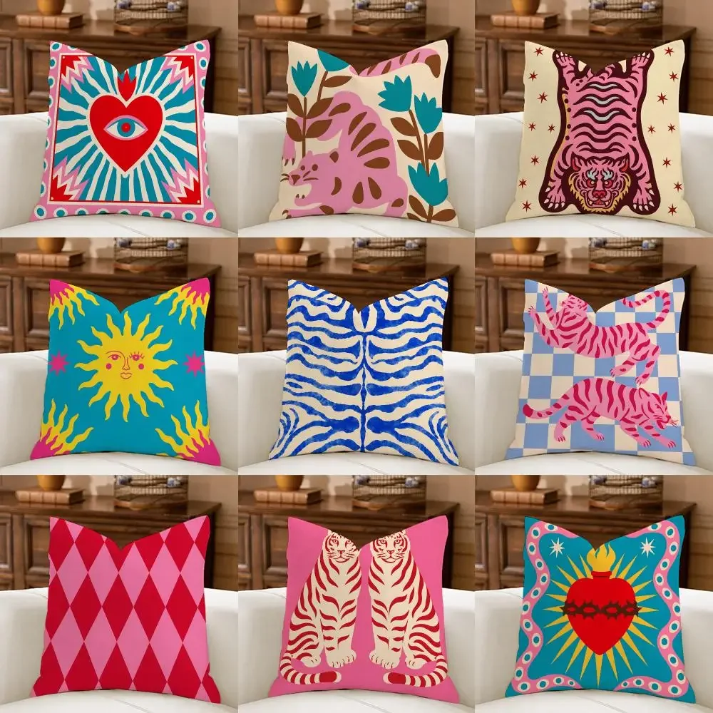 Dopamine Pink Blue Tiger Cushion Cover Natural Breathable Durable Linen Printed Decor Pillow Case Sofa Bedroom
