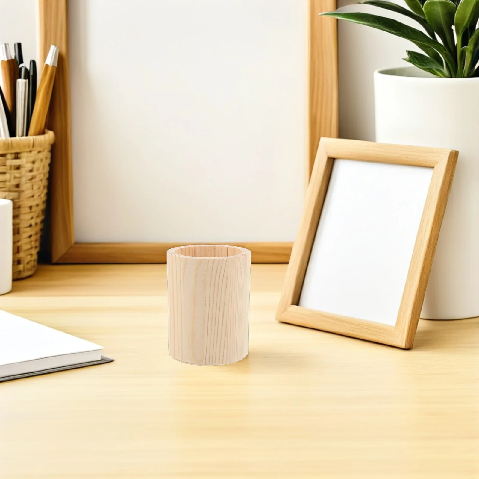 

4Pcs Wooden Pen Pencil Holder Sturdy Structure DIY Pen Holder Desk Organizer Makeup Brush Pot Rustic Decorative Container Beige