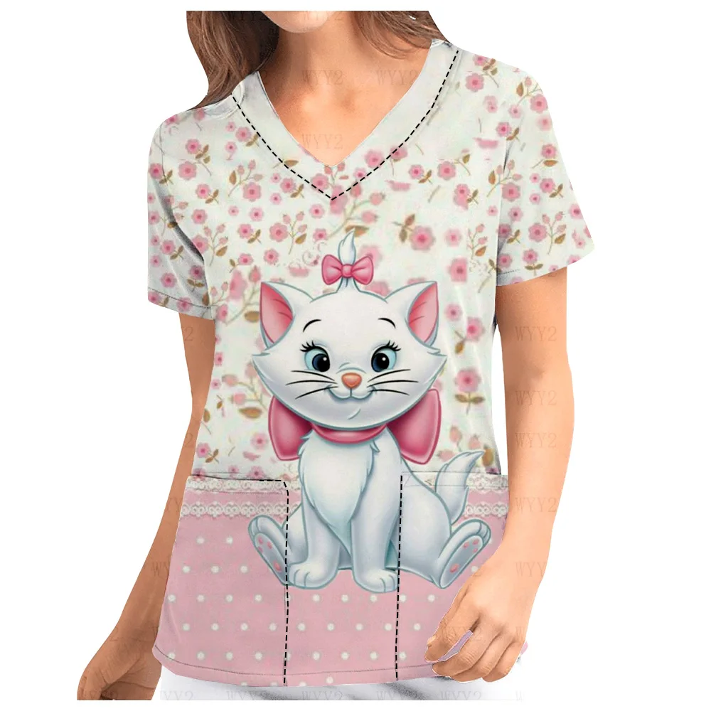 2025 New Mary Cat Cute Print Hospital Women's Nurse Uniform V-Neck Print Scrub Top Women's Flower Shop Cafe Work Uniform