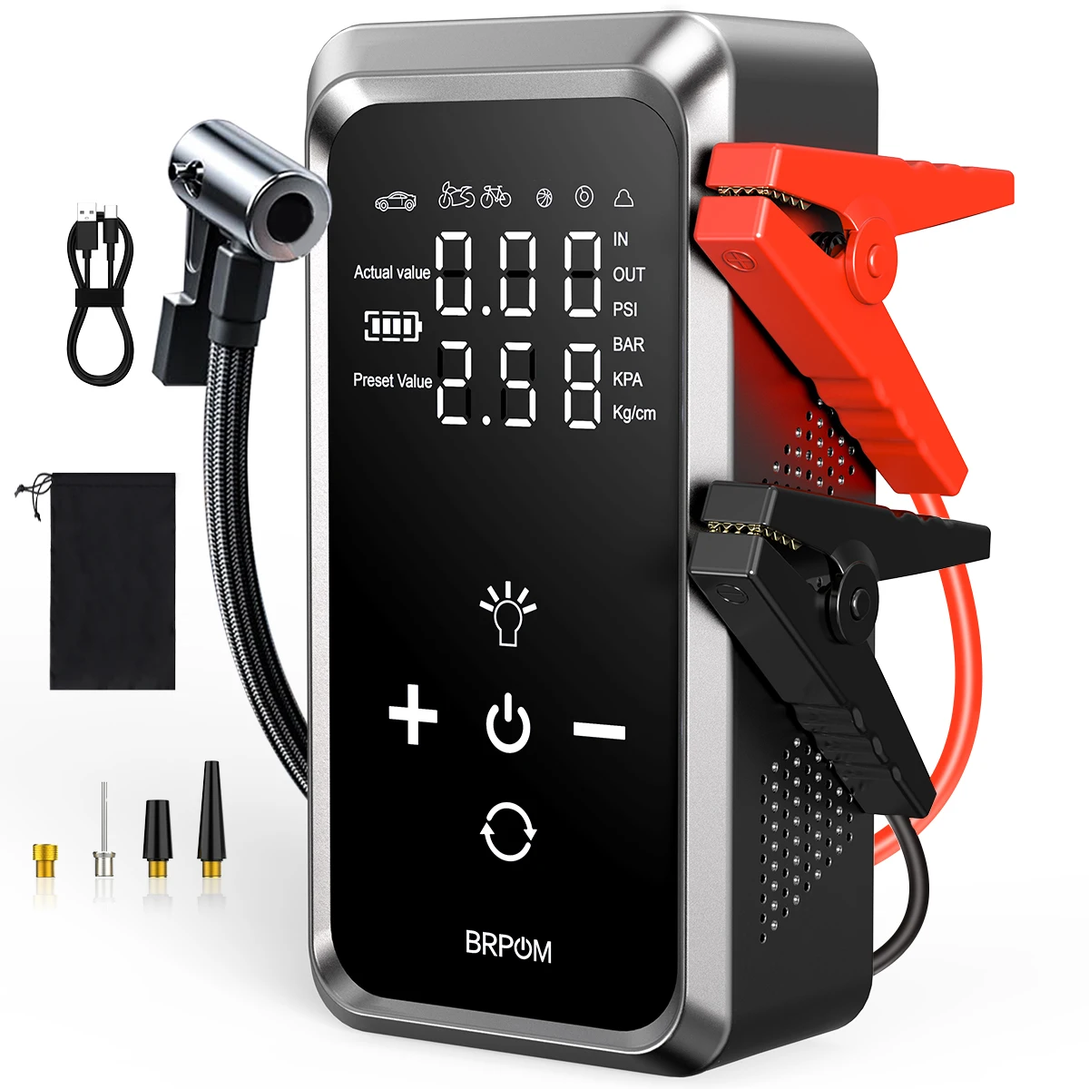 1500A peak Multi-functional Emergency Start Power Supply with Air Pump, 150PSL Portable Car Battery Starter, Digital Tire Inflator, Suitable for ALL Gasoline Or 10L Diesel Battery, LED Emergency image 3