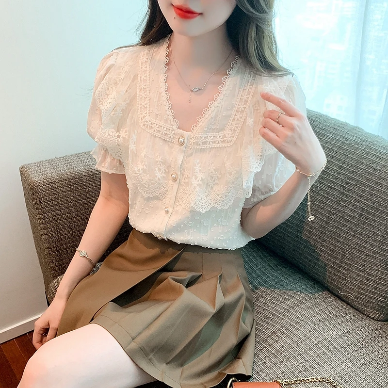 Summer New Short Sleeve Lace V-Neck Blouse Women Blusas Mujer De Moda 2024 Verano Blouse Shirt Women Tops Blouses Shirts G458