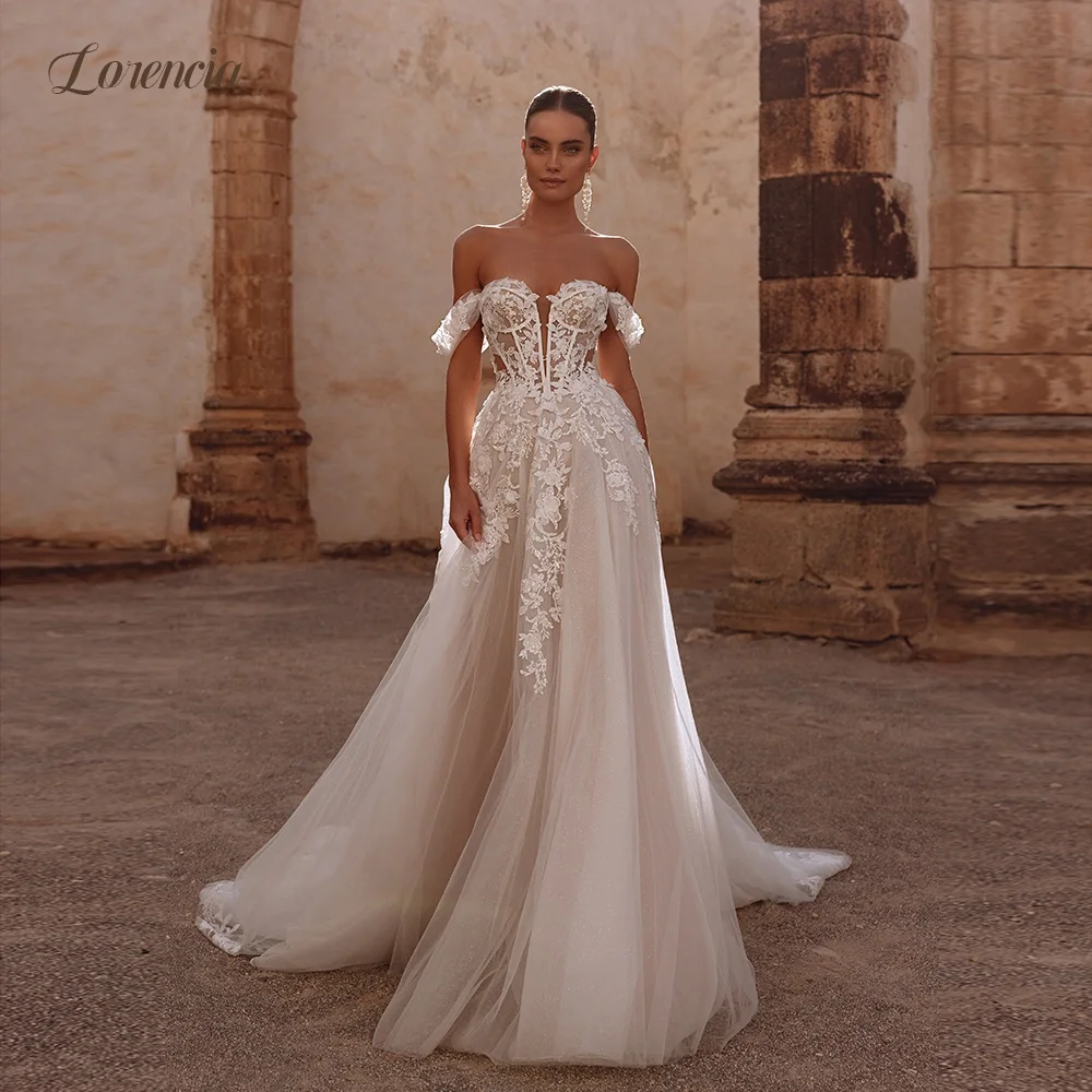 Lorencia Glitzer-Tüll-Strandhochzeitskleider, schulterfrei, mit Blumenapplikationen, A-Linie-Brautkleider, maßgeschneiderte Boho-Brautkleider