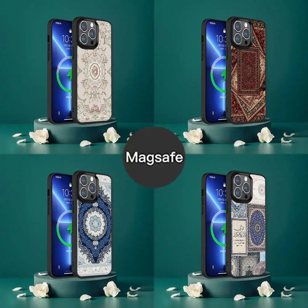 Etui na iPhone'a 17, 16, 15, 14, 13, 12, 11, Pro, Max, Plus, Mini, SE4, z wzorem perskiego dywanu, z obsługą ładowania bezprzewodowego Magsafe.