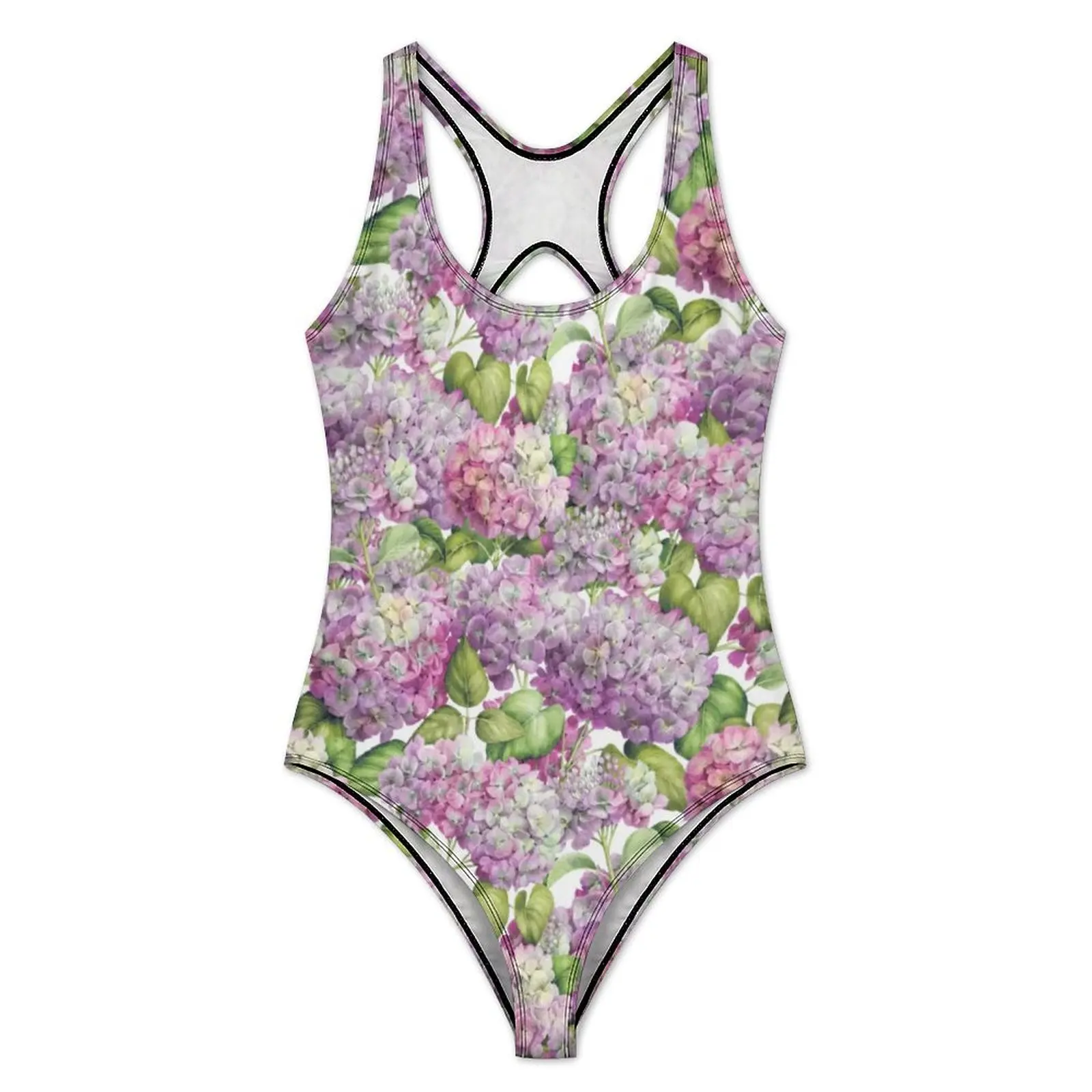 Hydrangea Floral Swimsuit Sexy Pink Lavender Print One Piece Swimwear Push Up Bodysuit Korean Fashion Beach Bathing Suit
