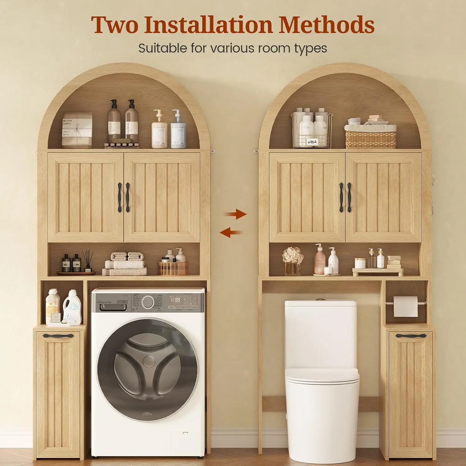 Arched Over Toilet Bathroom Storage Cabinet with Pulley Small Pushcart, Oak, Customized