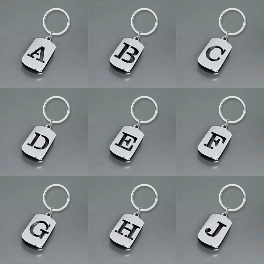 Stilvoller Schlüsselanhänger mit 26 englischen Buchstaben, Unisex, poliert, hohl, Edelstahl, Tasche, Schlüsselanhänger, Schlüsselanhänger, Paar, perfektes Geschenk