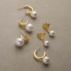 HECHENG,Hoop Earrings Heart Imitation Pearl Brass 18k Gold Plated Golden Circular Earrings Women's Vintage Jewelry