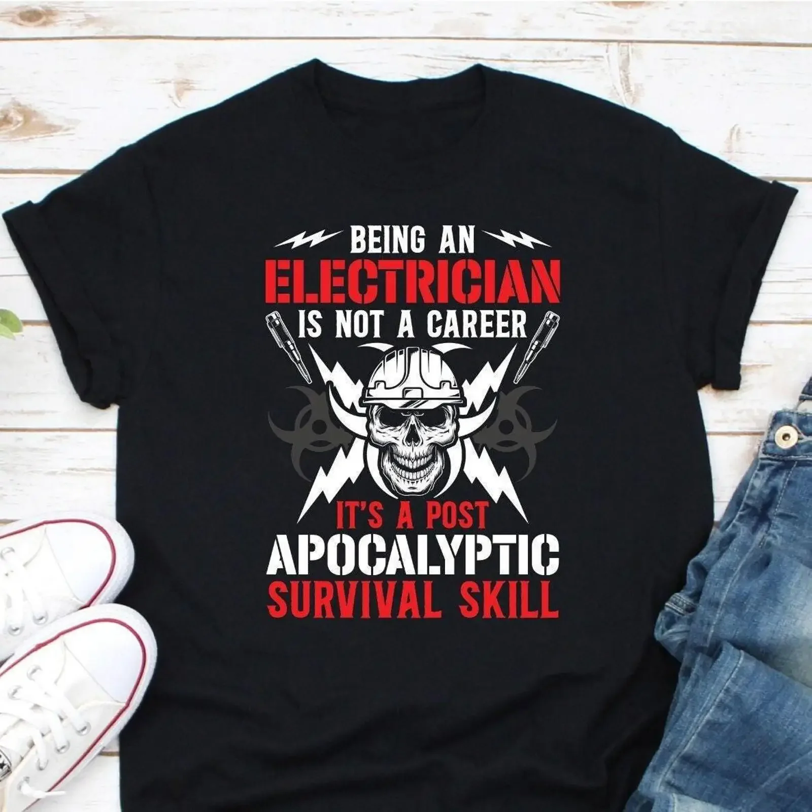 Funny Electrician Quote Skull T shirt Post Apocalyptic Survival Skill For Electrical Worker Engineer vintage Washed Unisex Soft