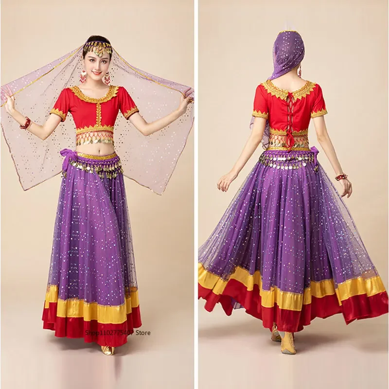 Disfraz de Danza del Vientre Hindú para Adultos, Top y Falda, Uniforme para Mujer, Estilo Árabe, Halloween, Bollywood, Fiesta Rave