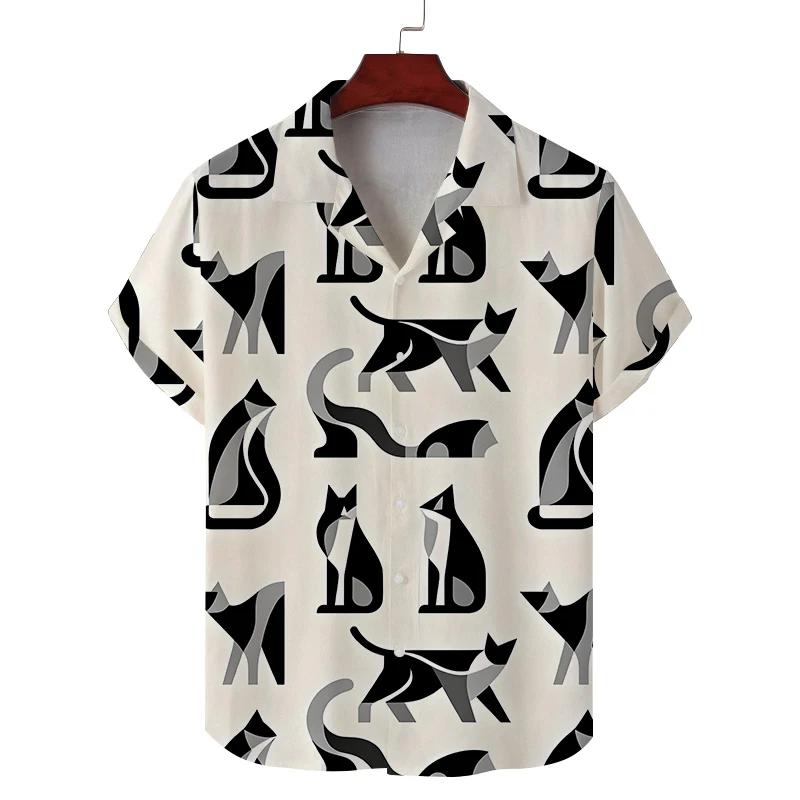 Men's Colorful Crayon Sketch Cat Animal Print Short Sleeve Lapel Shirt Summer Street Daily Casual Top