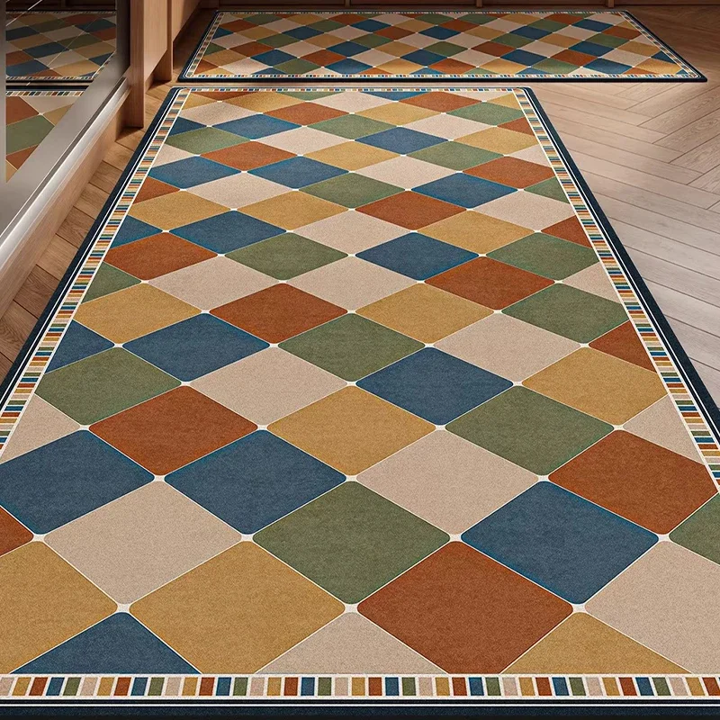 Carpet for Kitchen Waterproof Floor Mat American Retro Geometric Carpets Pvc Leather Foot Mats Long Rug Home Decoration Rugs