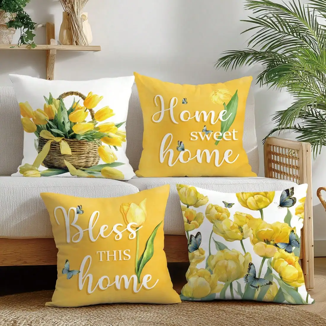 4Pcs, Yellow Tulip Butterfly Pillow Covers, Single-Sided, Zipper Closure, Washable Polyester - Perfect for Sofa, Living Room, Bedroom Decor, Decorative Pillows.
