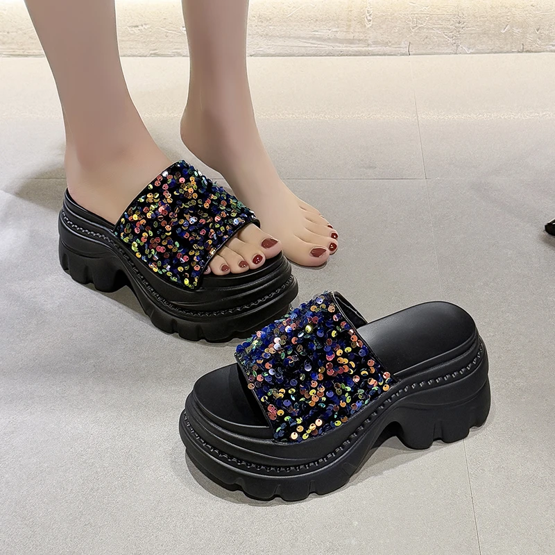 Fashion Pocket Chunky Platform Sandals Women 2024 Summer 8CM Wedge High Heels Sandals Woman Thick Bottom Slides Beach Slippers