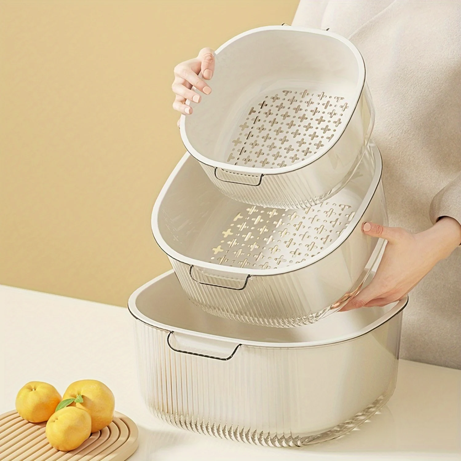 

3-Piece Double-Layer Kitchen Drain Basket Set - Durable Plastic Colander for Fruits & Vegetables - Multi-Functional Kitchen Tool