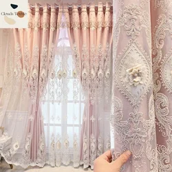 European Style Embroidered Double-Layer Curtains for Living Dining Room Bedroom Window Yarn Embossed Tulle Curtains Customize