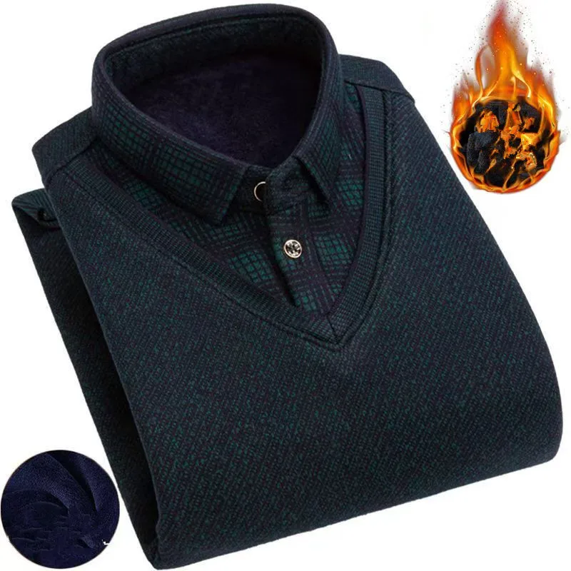 2025 Winter fleece and thickened men's sweater, long-sleeved shirt with collar, middle-aged knitted base shirt, 6 colors