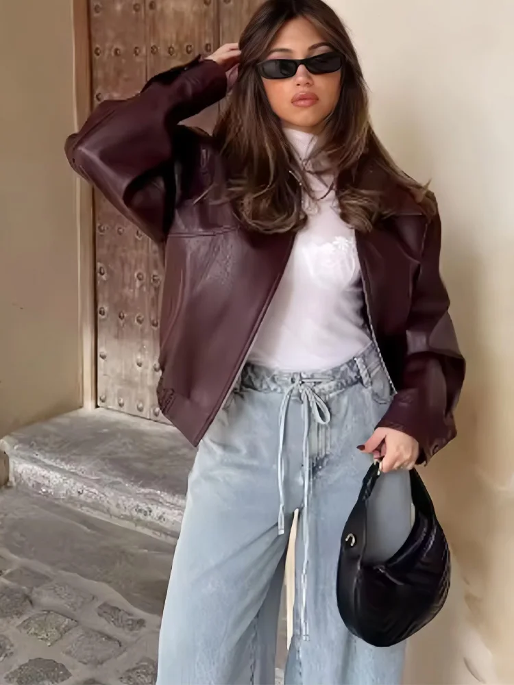 Veste courte en cuir Chic pour femme, Style américain, Vintage, bordeaux uni, rouge, fermeture éclair, manches longues, automne 2024