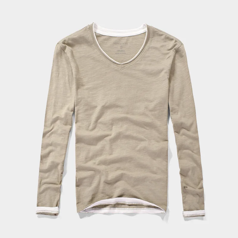 Men's Fake Two Piece V Neck Long Sleeve T-shirt Bamboo Slub Cotton Contrast Trim Slim Fit Solid Color Casual Autumn Layering Bas