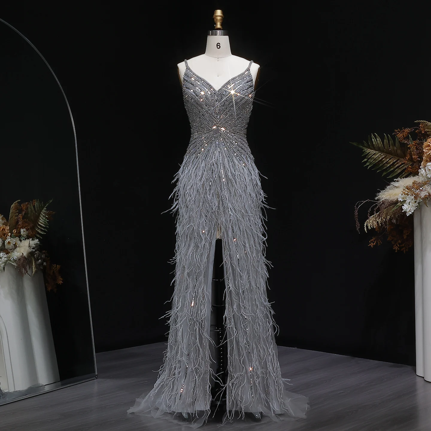Sharon Said Dubai Luxuriöse Feder-Meerjungfrauenkleider in Silber für Hochzeiten, Blaues Arabisches Abendkleid, Partykleider SS004 Maßanfertigung – Detail 19