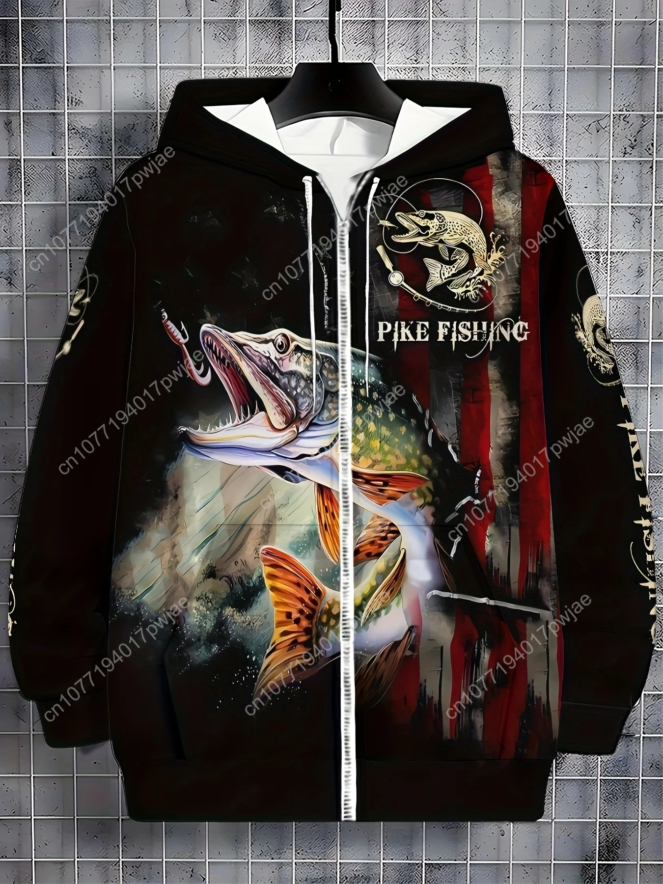 Мужская толстовка с принтом для ловли щуки — стильная молния с длинными рукавами, ярким рыбным дизайном, капюшоном на шнурке и карманами, идеально подходит для