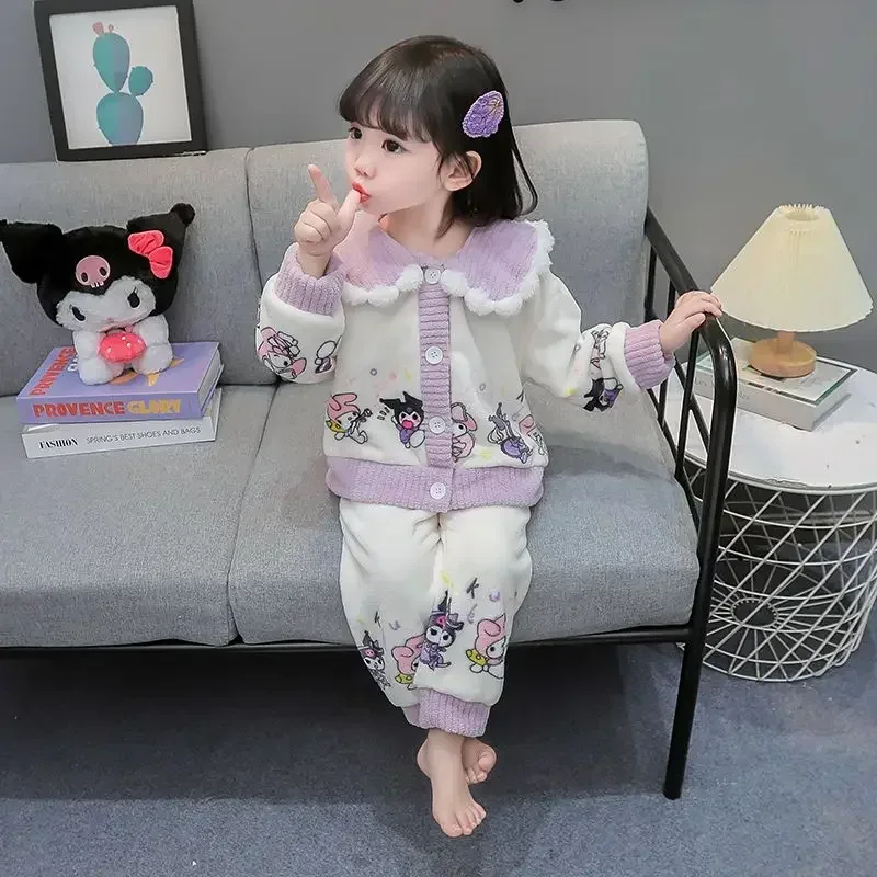 

Sanrio Anime Kawaii Ins Cinnamoroll Coat Pants Set Pajamas Winter Cute Kuromi Flannel Children Coral Velvet Homewear Jacket Toys