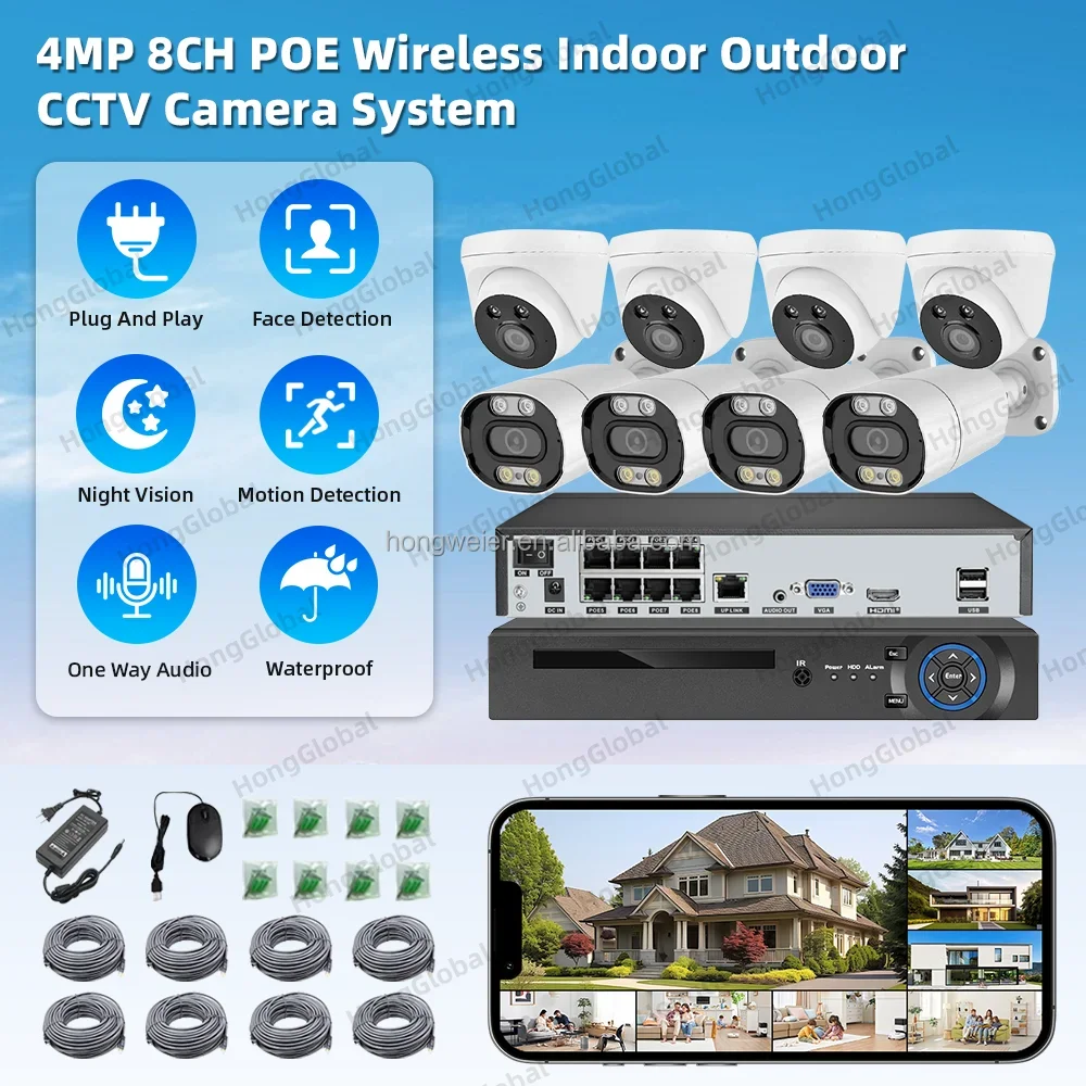 HongGlobal 4MP 8CH 2K Network Video Recorder POE NVR Home Security Camera Set Kit IP Surveil System Wireless CCTV Camera System