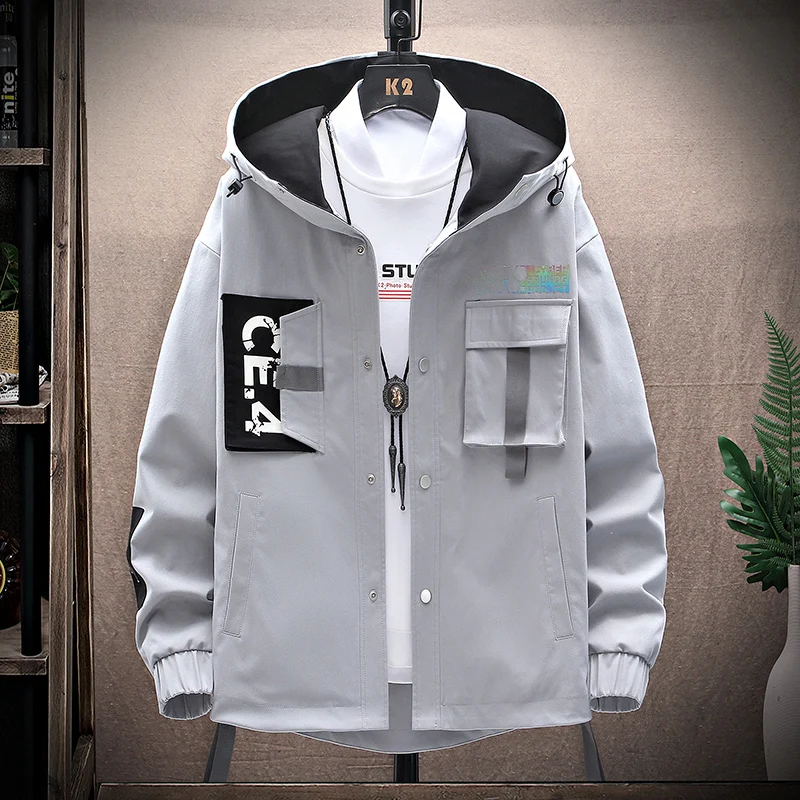 Pop  Hooded Men's Jacket Covered Button Letter Printed Korean Spring Autumn Coats Streetwear Short Windbreaker Bomber Top