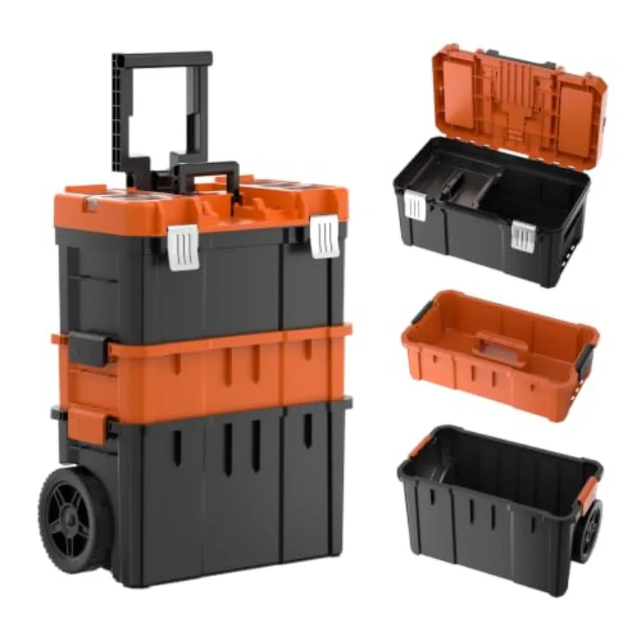 Rolling Tool Box with Wheels, 3 Tier Stackable Tool Box Organizer for Workshop Use, Steel Construction, Black Finish, Heavy-Dut