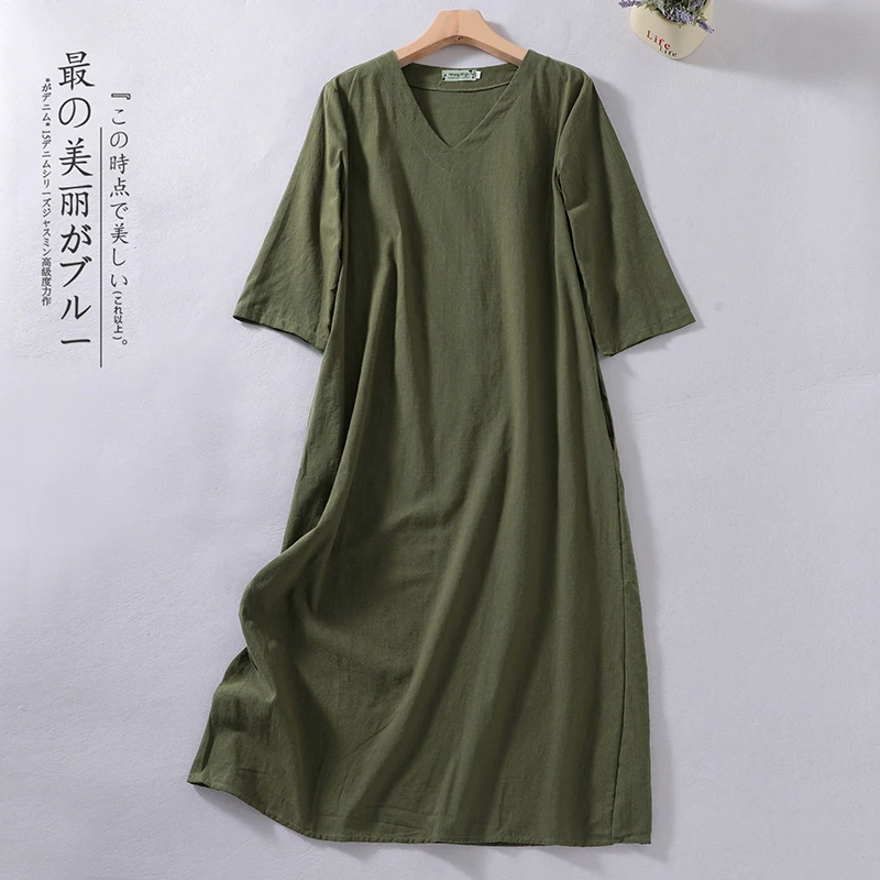 

NYFS 2024 Summer New Office Lady Cotton Linen Woman Dresses Vestidos Robe Ete Femme Elbise Loose V-Neck Half Sleeve Long Dress