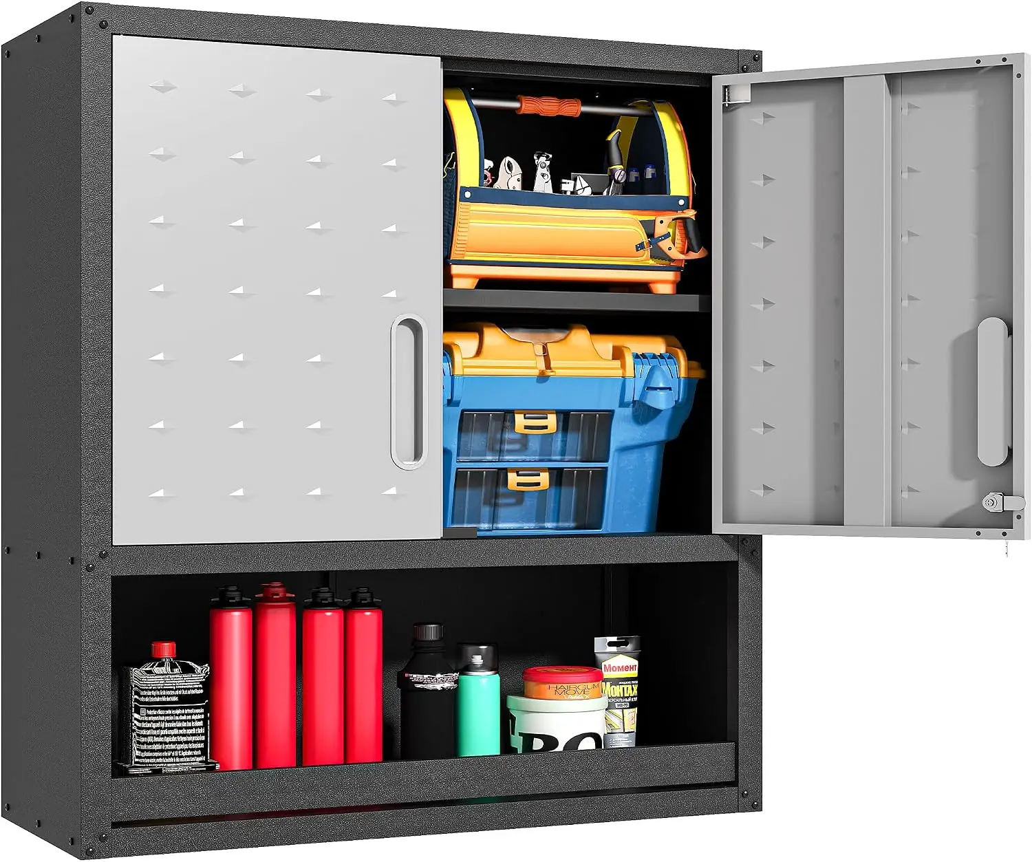 Metal Wall Cabinets with Doors and Shelves Black and Gray Garage Cabinets Wall Mounted Adjustable Storage Shelving Floating Gara