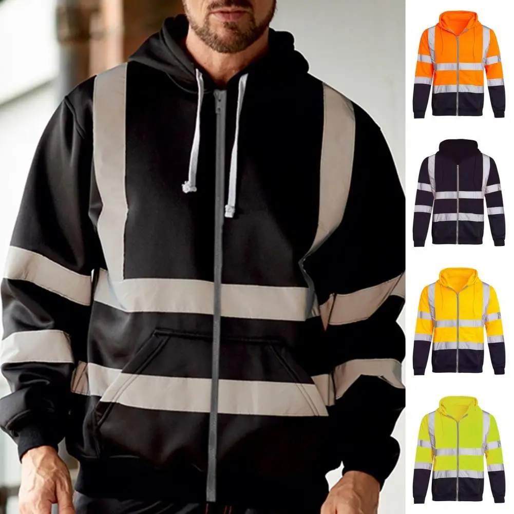 Reflective Construction Hoodie Reflective Strip Men's Hoodie Coat with Drawstring Closure for Outdoor Work Safety Warm Sanitary